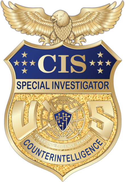 Gold eagle-topped shield badge with the letters U S, lettered CIS, Special Investigator, Counterintelligence, Cyber Intelligence Service.